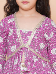 cotton Woven Three-Quarter Sleeves Floral Print Flared Kurta And Sharara Set - Purple