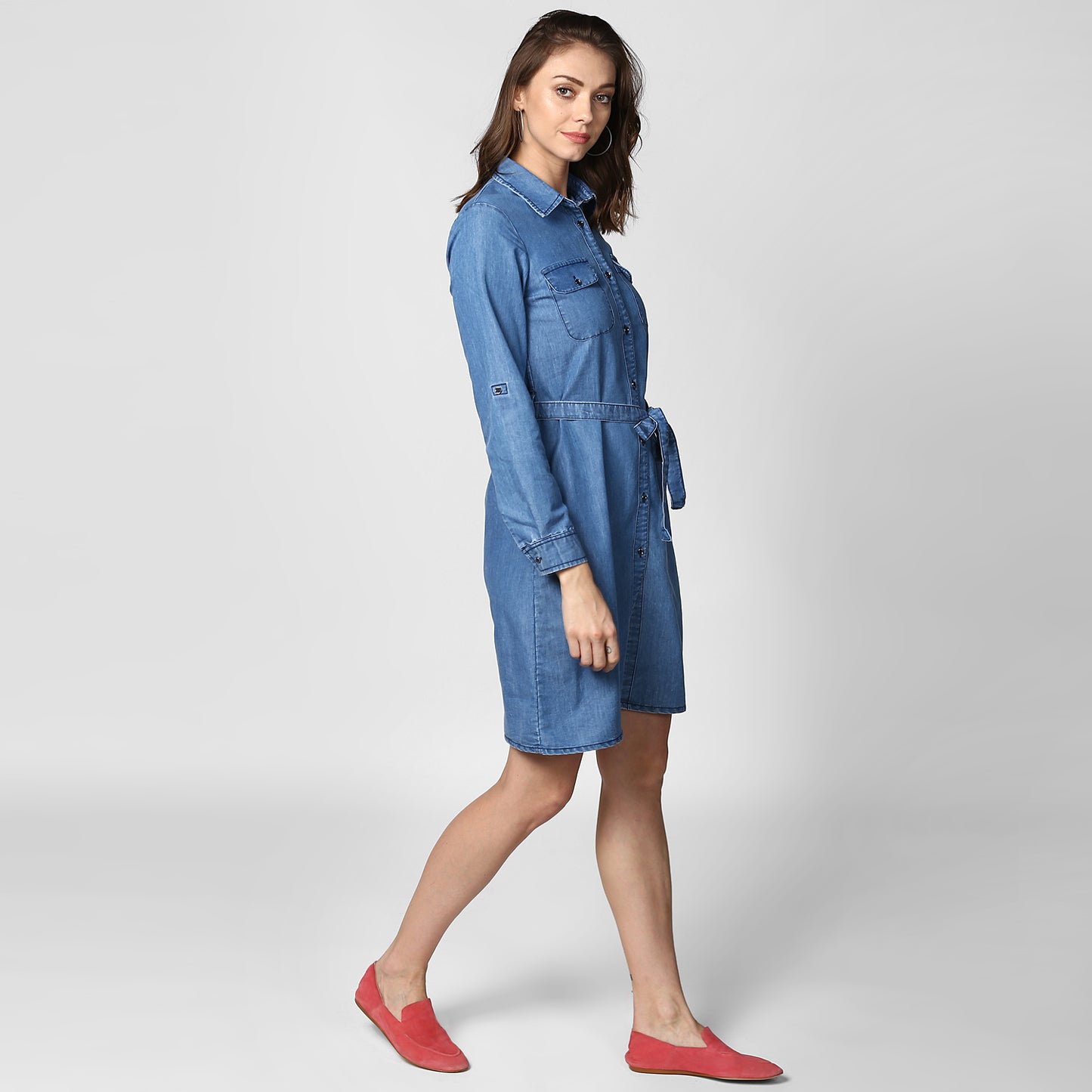 StyleStone Women's Blue Denim Double Pocket Double Flap Dress