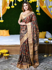 Women's Cotton Linen Brown Printed Designer Saree With Blouse Piece