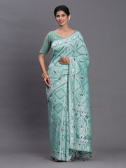 Sky Blue Linen Cotton Saree with Multicolor Elephant & Temple Motifs – Traditional Woven Pallu & Tassels