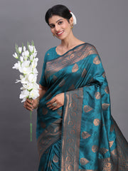 Navy Blue Banarasi Silk Saree with Copper Zari Woven Pallu & Feather Butta – Wedding & Festive Wear