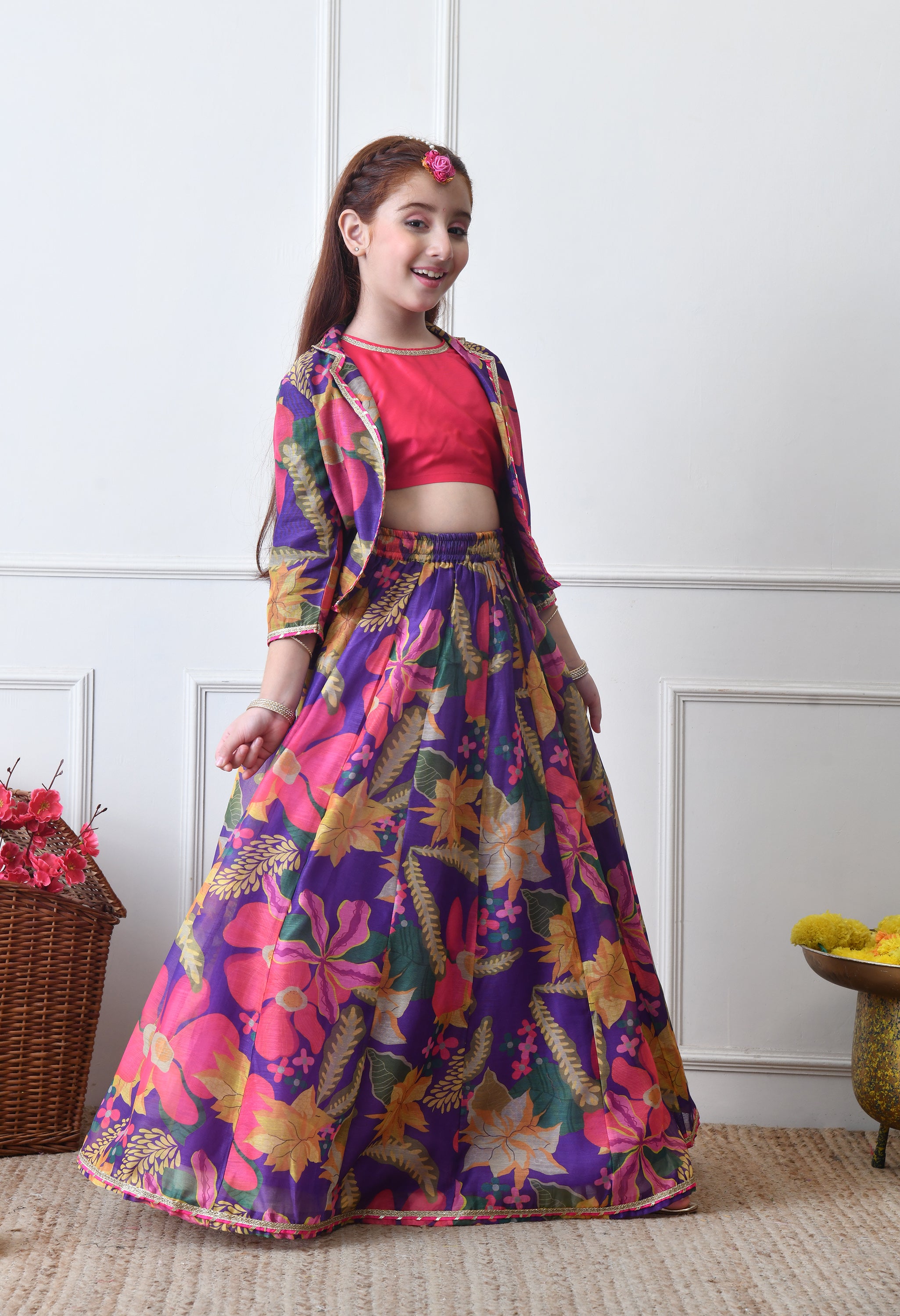 Girls Purple Floral Printed Lehenga Choli Set with Stylish Jacket