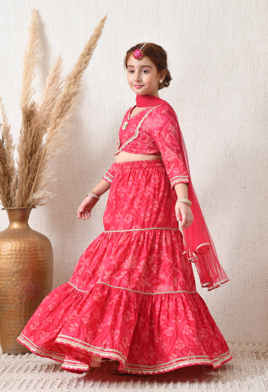 Girls Pink Tiered Lehenga Choli Set with Dupatta Traditional Festive Wear