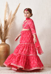 Girls Pink Tiered Lehenga Choli Set with Dupatta Traditional Festive Wear