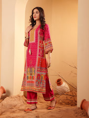 Women Fuschia Pink Ethnic Printed Straight Kurta With Embroidered Trouser