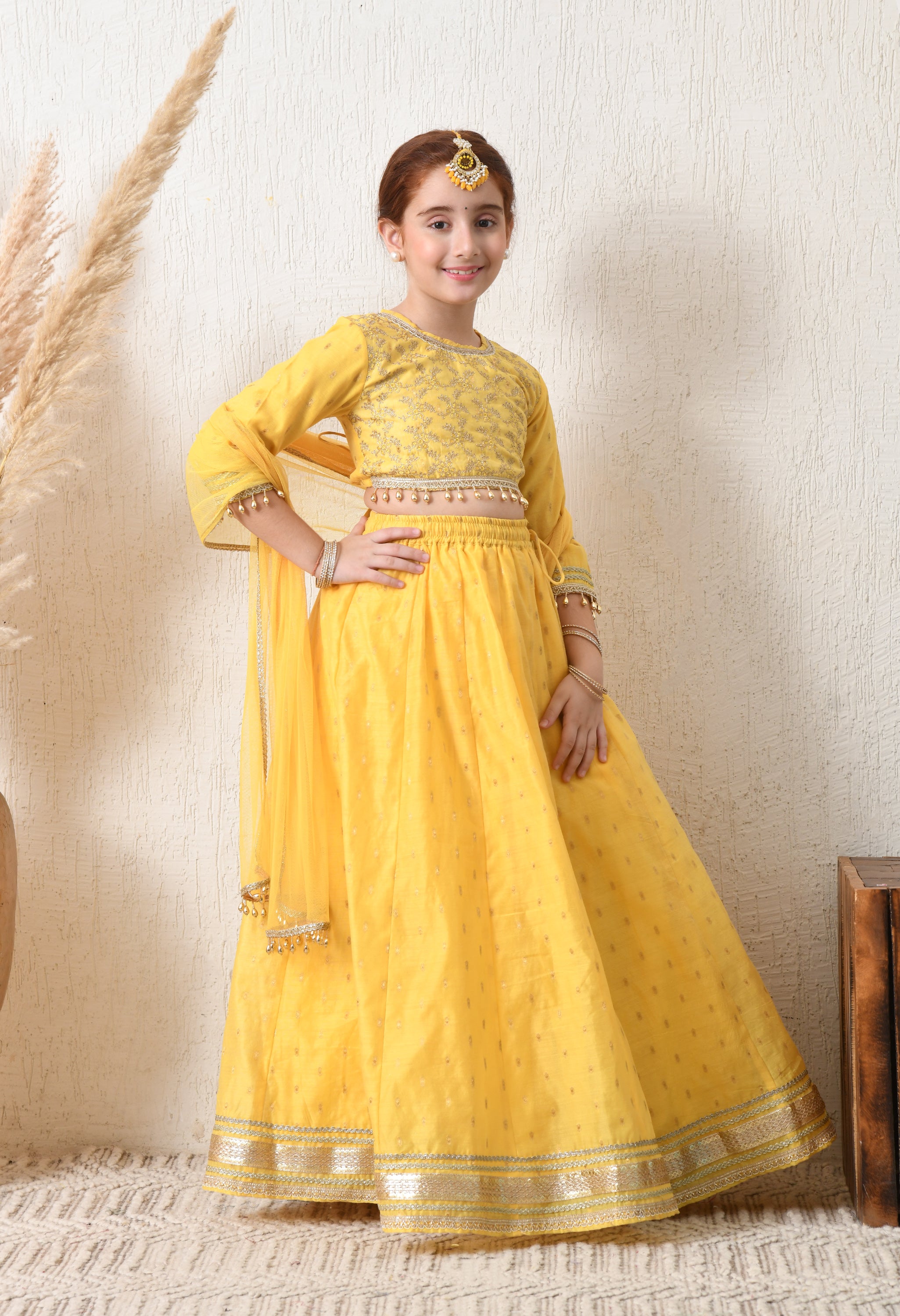 Girls Yellow Embroidered Lehenga Choli Set with Net Dupatta