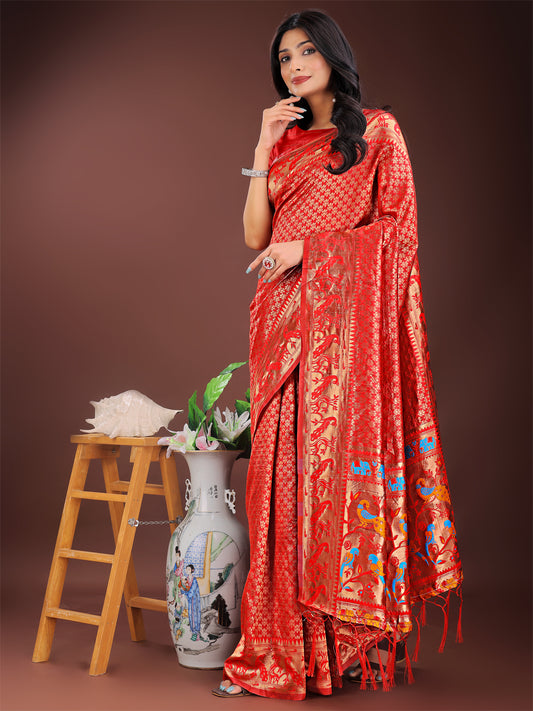 Fiery Red Banarasi Silk Saree with Gold Zari and Colorful Pallu – Perfect for Bridal, Wedding & Festive Glamour