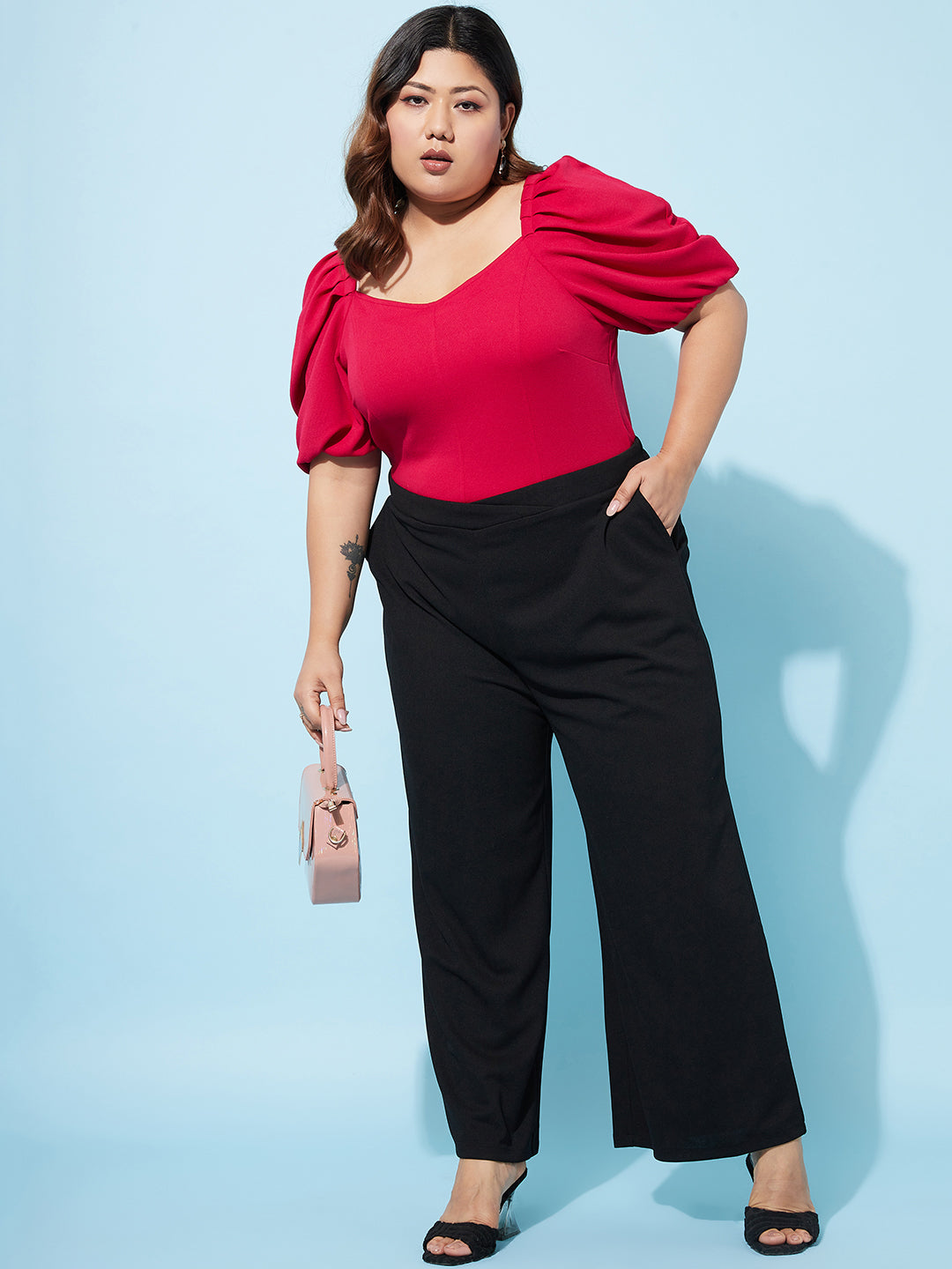 Plus Size Women Mid-Rise Plain Smart Parallel Wide Leg Trousers