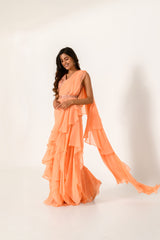 Embellished Orange Blouse with Chiffon Ruffle Saree