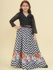 Girls Indo-Western Black & White Zig Zag Flower Digital Printed Top & Ready to wear Lehenga