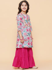 Silk blend Woven Sleeveless Floral Print Flared Kurta And Sharara Set - Pink