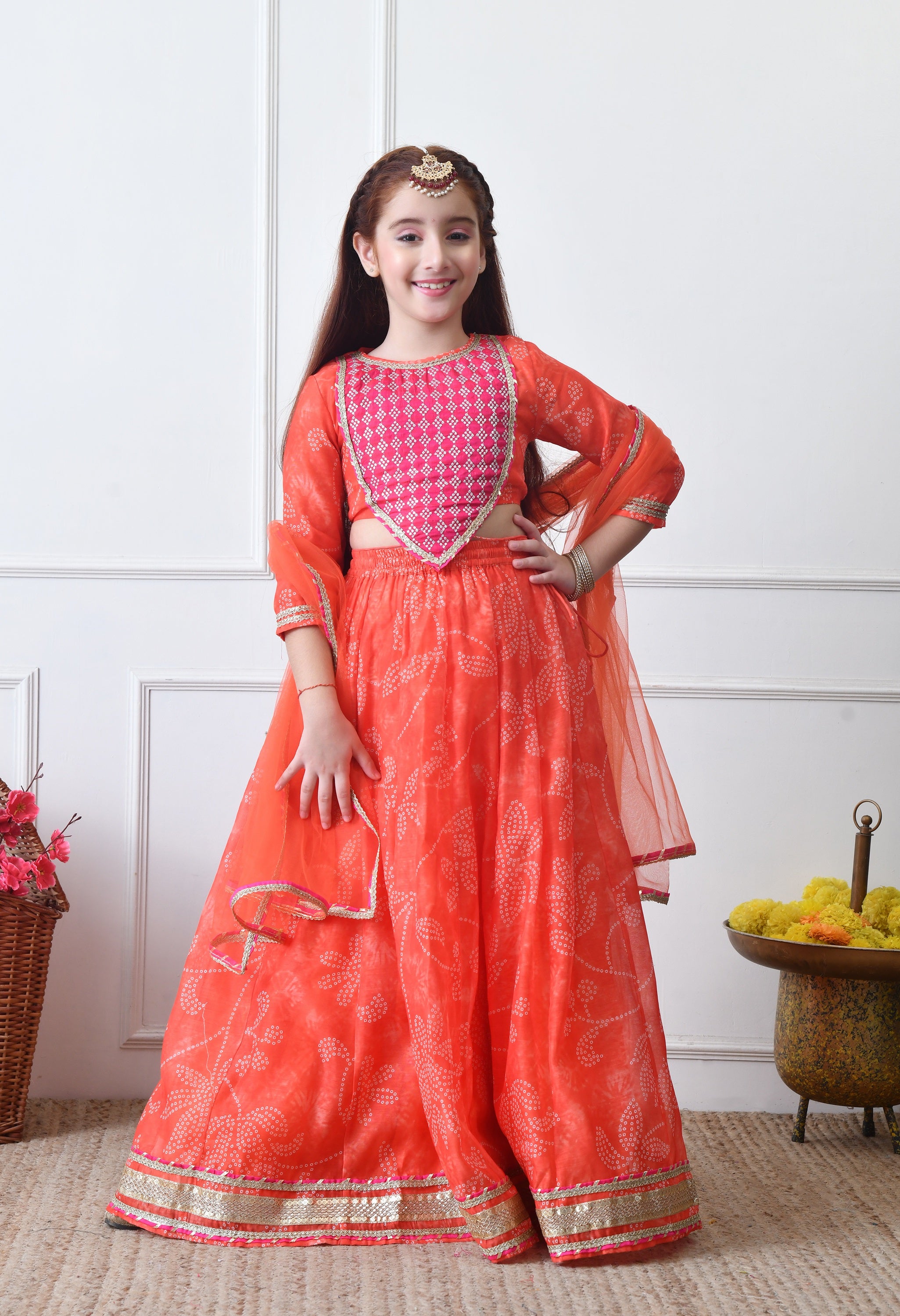 Girls Orange Printed Lehenga Choli Set with Dupatta