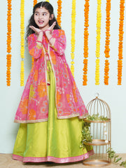 Girls Pink & Green Floral Printededed Ready to Wear Lehenga & Blouse with Shrug