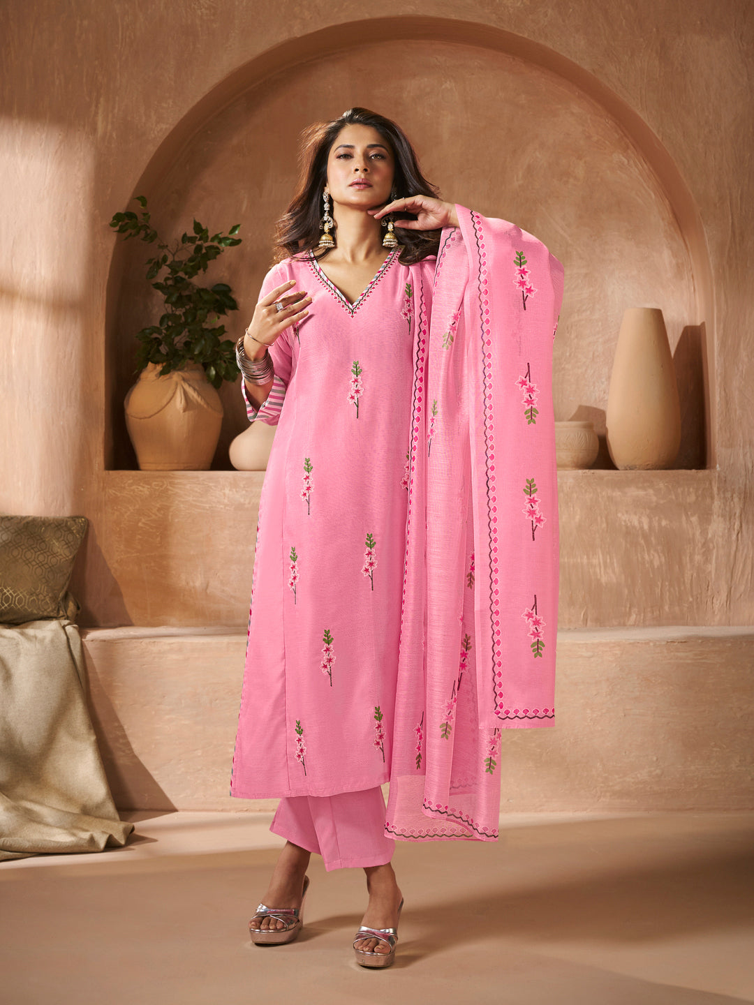 Elegant Peach Floral Embroidery Straight Kurta Set with Printed Dupatta