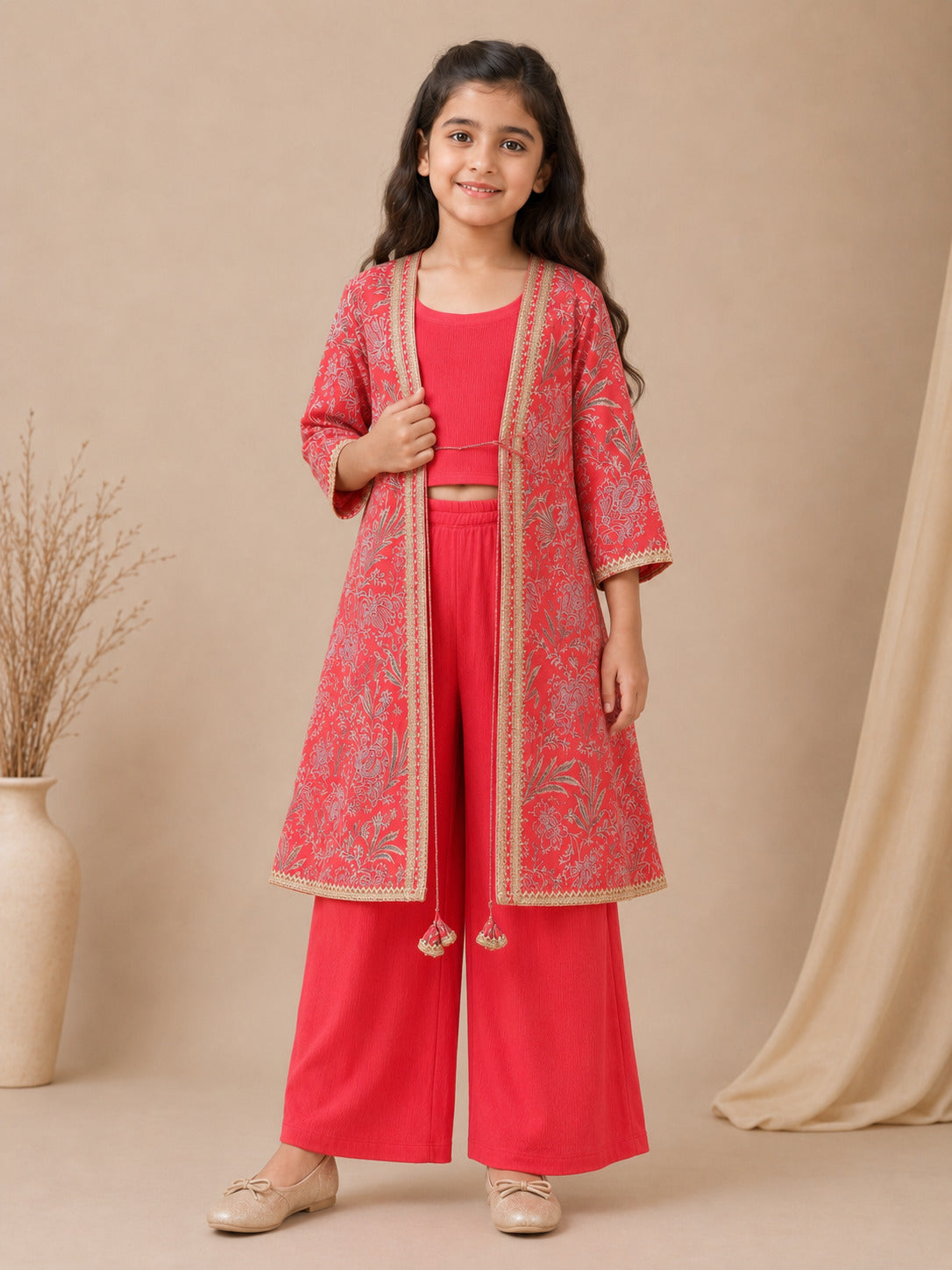 Girls Red Top With Matching Plazzo & Printed Jacket
