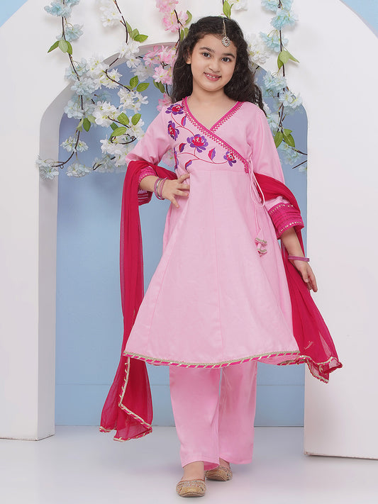 Girls Pink Embroidered Angrakha Kurta with Trousers with dupatta