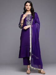 Women Silk Navy Blue Zari Embroidered Kurta Set With Dupatta
