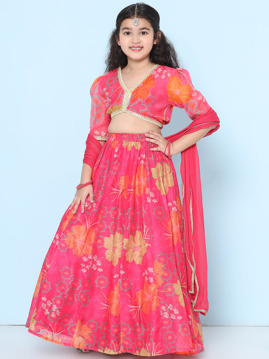 Girls Pink Multi Digital Printededed Ready to wear Lehenga & Choli with Dupatta