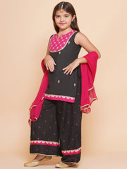 Girls Black Cotton Embroidered Kurta with Palazzos set & Dupatta