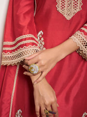 Red colour Embroiderd Anarkali Flared Kurta with Palazzos.