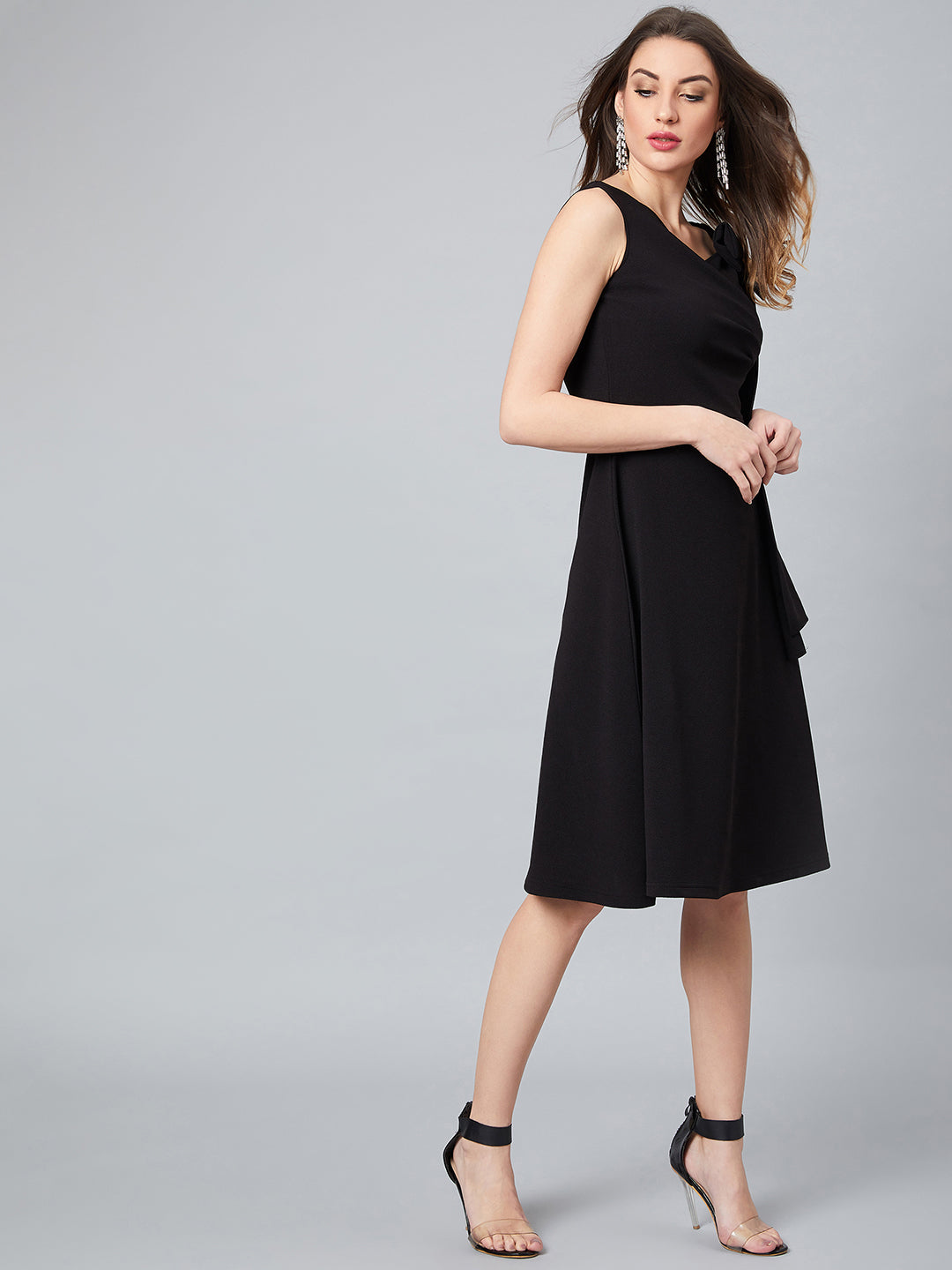 Black Front Pleated Fit and Flare Dress