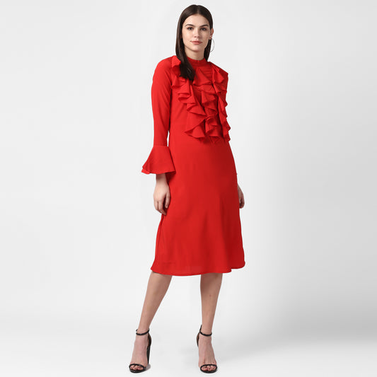 Women's Red Front Ruffle Bell Sleeve Dress