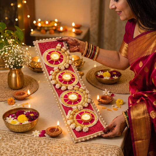Handcrafted festive T-light/diya table runner