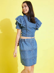 Girls Denim Short Sleeve Denim Skirt Set