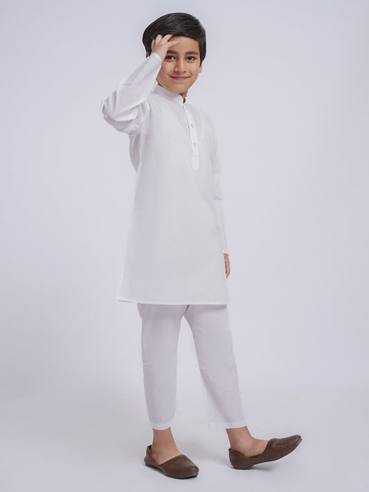 Boys' White Pure Cotton Kurta Pyjama Set