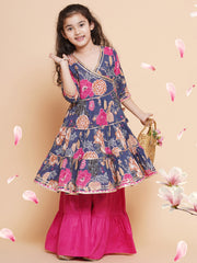 Placement Print Three-Fourth Sleeves Above Knee Length Cotton Kurta With Sharara - Navy Blue