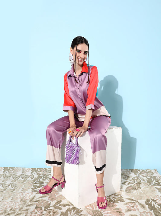Women's Multi color Satin Shirt and Trousers Co-ord Set