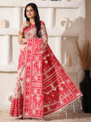Elegant Woven Linen Cotton Saree for Durga Puja & Diwali | Ethnic Motif Design with Rich Zari Border | Soft, Breathable, Festive-Ready Traditional Drape