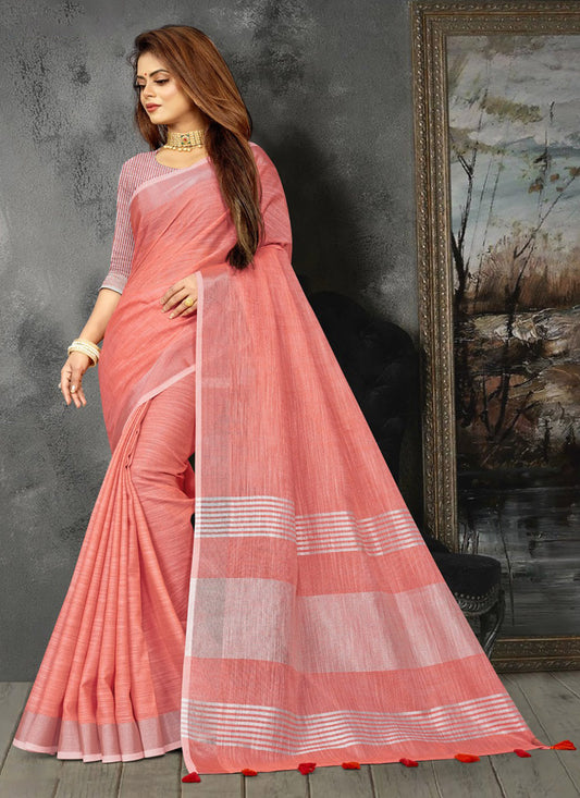 Elegant Peach Woven Linen Saree with Contrast Zari Border & Tassels – Soft & Breathable Party Wear