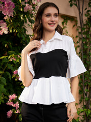 White & Black Colourblocked Pure Cotton Peplum Top