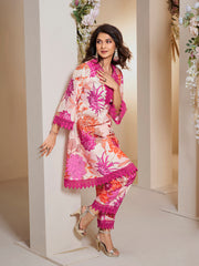 Off White Pink Multi Colour Floral Printed Kurta set.