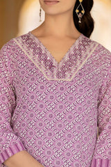 Women Lavender V Neck Thread Embroidered Kurta Paired With Printed Bottom And Dupatta