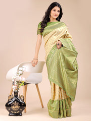 Graceful Cream and Green Silk Saree – Traditional Elegance with Royal Charm