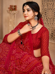 Women's Chiffon Red Printed DesignerSaree With Blouse Piece