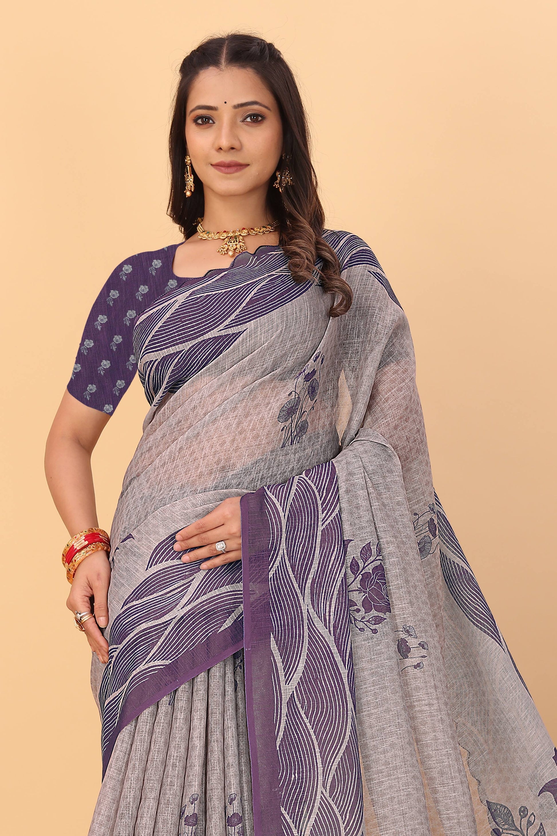 Soft linen saree with shaded style prints and cutwork