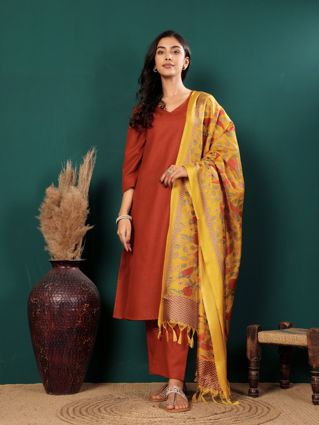 Women V Neck Straight Kurta with Pants & Dupatta