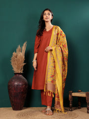 Women V Neck Straight Kurta with Pants & Dupatta