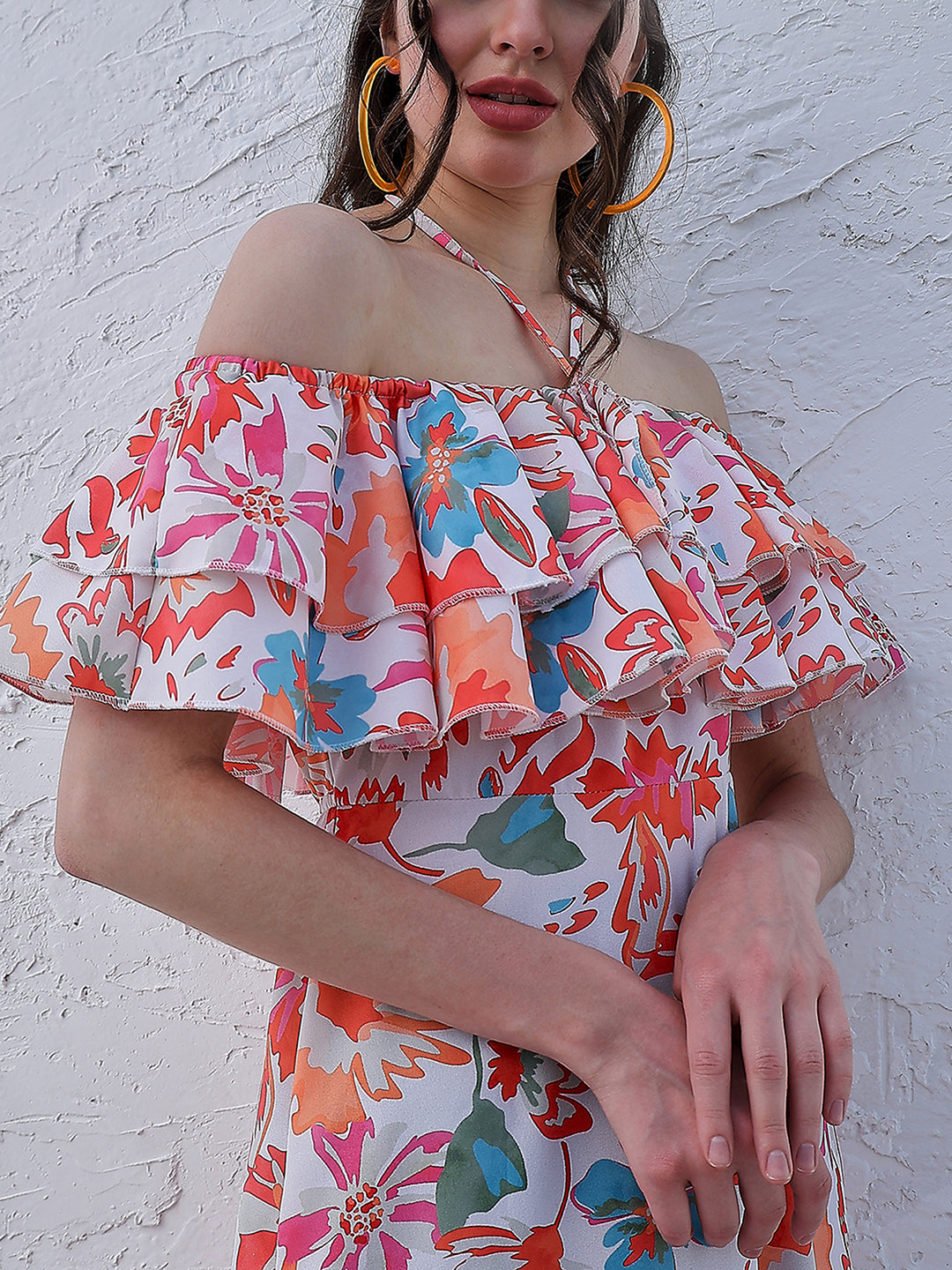 Orange Floral Printed Halter Neck Tiered Gathered Crepe Maxi Midi Dress