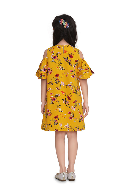 Girls Yellow Polyester Crepe Floral Dress with tassels