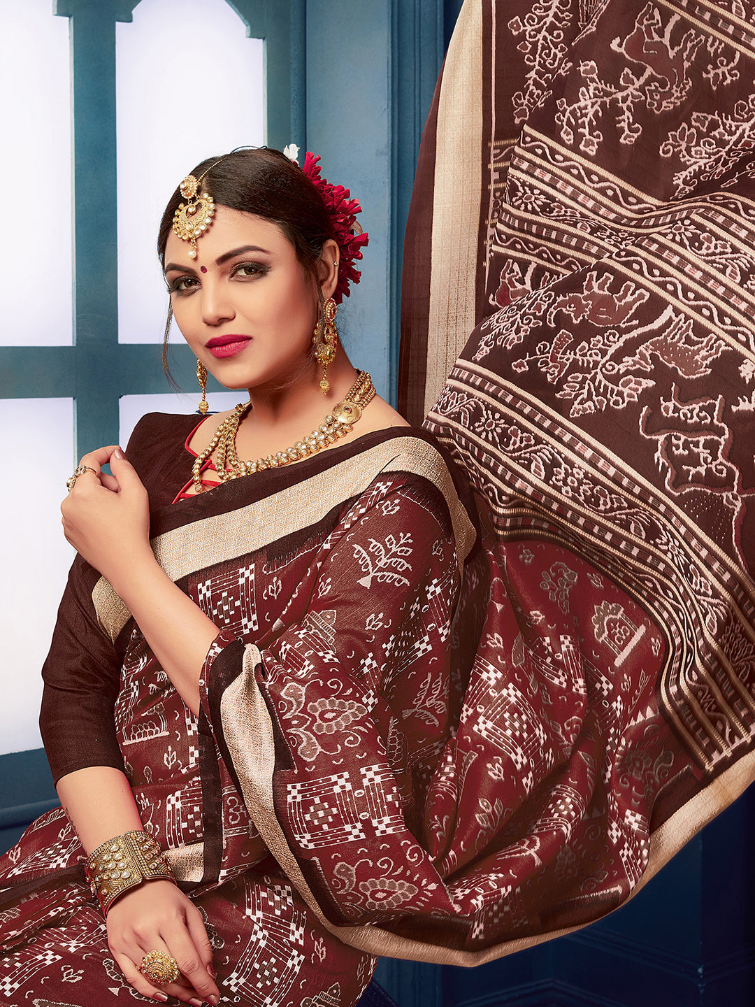 Women's Bhagalpuri Silk Brown Printed DesignerSaree With Blouse Piece