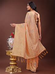 Elegant Orange Linen Cotton Saree with Floral Weave & Soft Gold Pallu – Graceful Choice for Casual, Office & Festive Looks