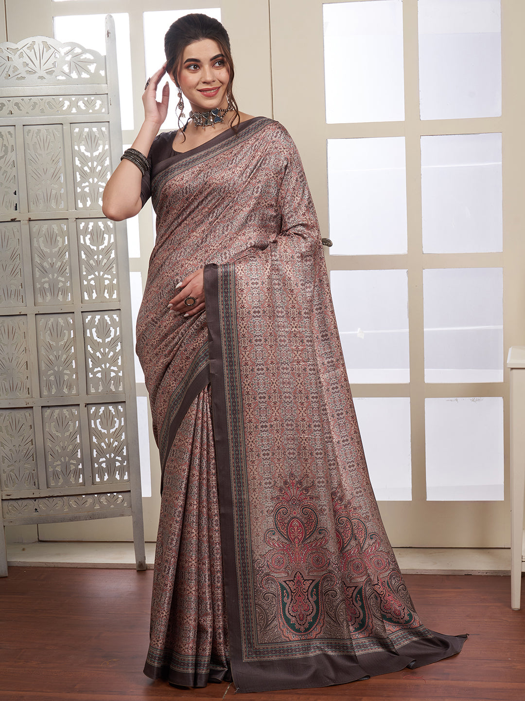 Women's Pashmina Silk SeaGreen DigitalPrint DesignerSaree With Blouse Piece