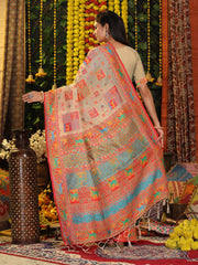 Off White Linen Cotton Saree with Multicolor Ethnic Print – Soft & Lightweight Saree for Festive, Daily, and Office Wear
