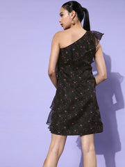 Women's Black Organza Tiered One Shoulder Dress