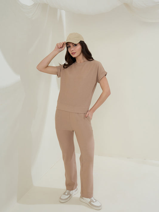 Women's  Brown Ribbed Cotton Co-Ord Set