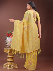 Elegant Orange Linen Cotton Saree with Floral Weave & Soft Gold Pallu – Graceful Choice for Casual, Office & Festive Looks